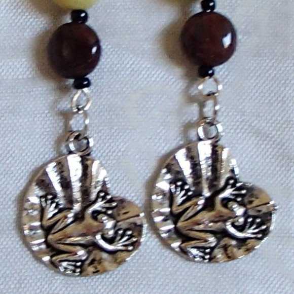 Pietersite Lemon Jade Frog Handcrafted Gemstone Sweeper Earrings Toad Lily Pad - Picture 4 of 7